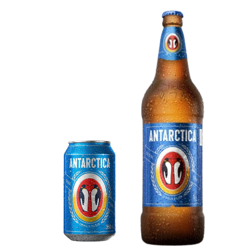  imagem com foco no produto com o fundo branco com uma lata de cerveja e uma garrafa de litro da marca Antarctica