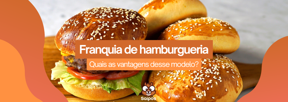 Hambúrguer com alface, tomate e pão com gergelim ao lado de outros pães, com texto ‘Franquia de hamburgueria – Quais as vantagens desse modelo?’ e logotipo da Saipos.”