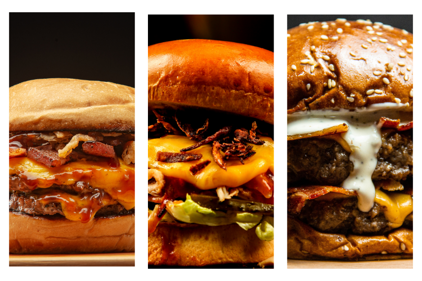 imagem de um mosaico com três imagens de hambúrgueres feitos por mestres hamburgueiros.