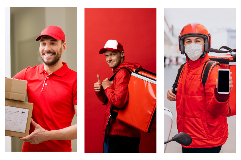 Um entregador barbudo, vestindo camiseta vermelha com "DELIVERY" e mochila preta, segura uma caixa com envelopes enquanto tira uma foto com o celular. Ele está em frente a uma residência com folhagens verdes e um carro branco ao fundo.