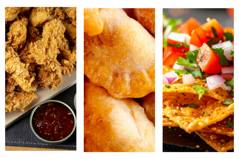Imagem de um mosaico com 3 imagens de petiscos para cerveja, frango frito, pastéis e nachos.