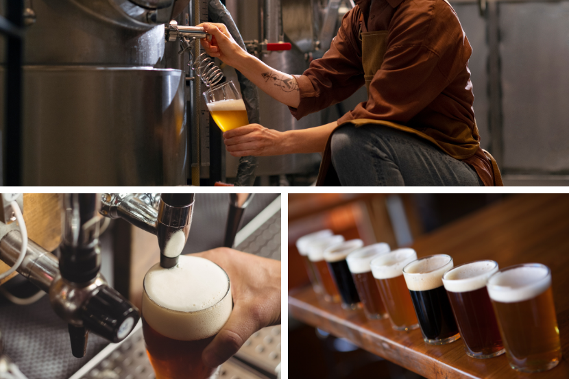 Colagem de fotos que ilustra o conceito de brewpub: a cerveja sendo extraída de um tanque de produção e, abaixo, um chope sendo servido e uma régua de degustação.