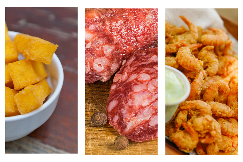 Imagem de um mosaico com 3 imagens de petiscos para cerveja, polenta frita, linguiça artesanal e camarão.