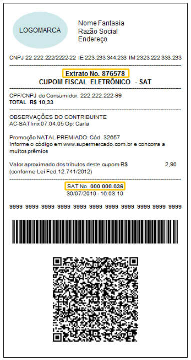 Imagem de uma nota fiscal eletrônica com extrato, CUPOM FISCAL, informações fiscais e QR code, destacando o número SAT e detalhes do consumidor.