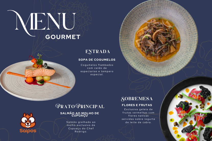 sugestão de cardaipo com fundo azul, com entrada de cogumelos, prato principal salmão com molho de cupuaçu e sobremesa frutas vermelhas, flores nativas e iogurte de leite de cabra.