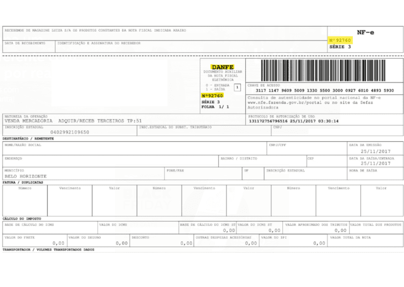 Imagem de uma nota fiscal de venda de mercadoria, detalhando informações fiscais, código de barras e dados do consumidor, emitida em São Paulo.