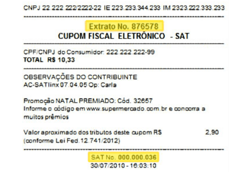 Extrato de cupom fiscal eletrônico do SAT com número de autorização e código de validação, importante para comprovar compras e benefícios fiscais. O SAT era um equipamento de uso obrigatório na emissão de cupons fiscais eletrônicos (CF-e) no estado de São Paulo.