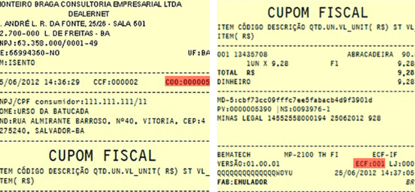 Recebimento de cupom fiscal detalhado de compra realizado em Salvador, Bahia, destacando código e valor da transação, incluindo informações da loja e do cliente.