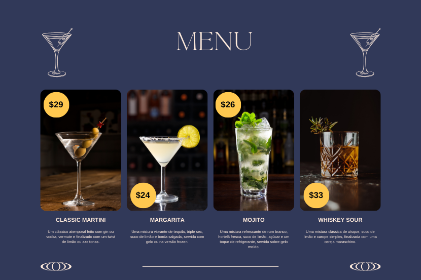 Imagem de um menu de drinks com opções como Classic Martini, Margarita, Mojito e Whiskey Sour, cada um com preço destacado em destaque.