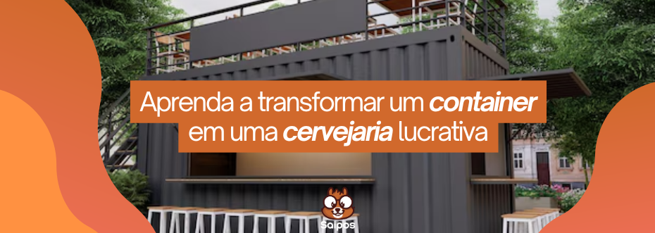 Imagem de um container convertido em uma cervejaria lucrativa, com destaque para a frase 'Aprenda a transformar um container em uma cervejaria lucrativa' e um logo de cervejaria artesanal.