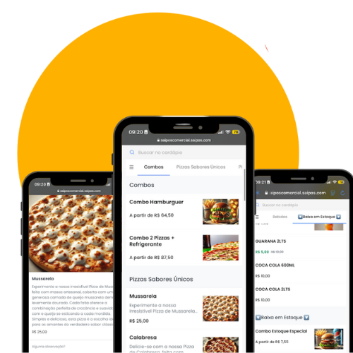 magem de celular exibindo um aplicativo de pedidos de comida online, com opções de combos, pizzas e bebidas, destacando a facilidade de fazer pedidos digitais.