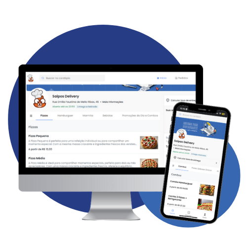 Imagem de celular exibindo um aplicativo de pedidos de comida online, com opções de combos, pizzas e bebidas, destacando a facilidade de fazer pedidos digitais.