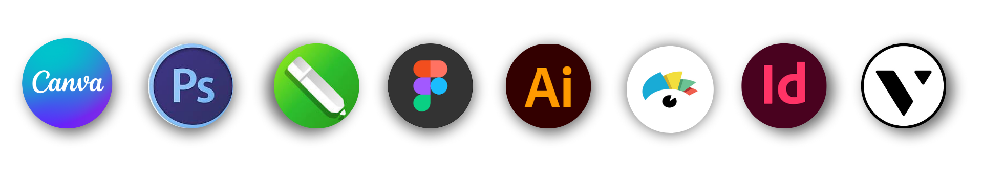 Conjunto de ícones de aplicativos de design e edição gráfica, incluindo Canva, Photoshop, Figma e Adobe Illustrator, representando ferramentas populares.