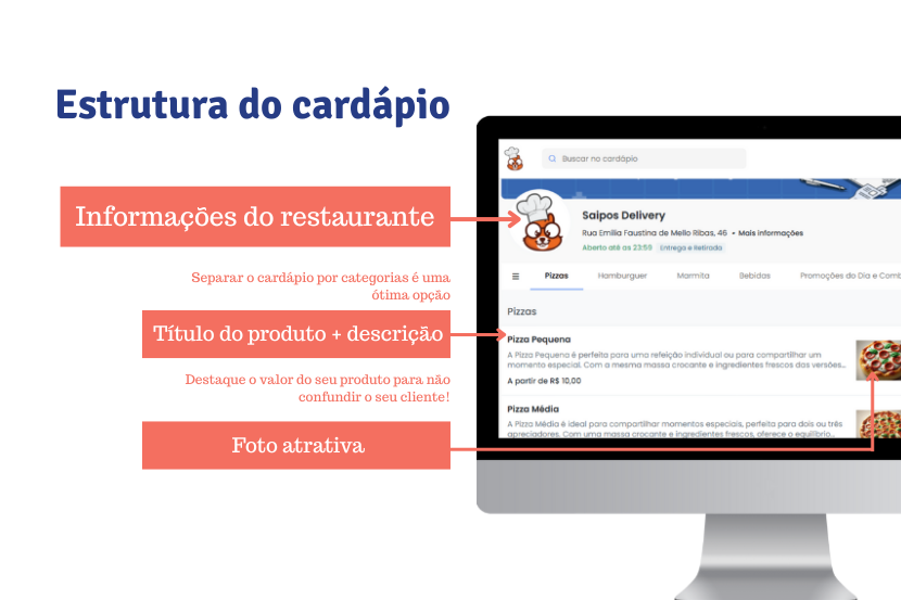 Imagem de uma página de Facebook de uma pizzaria, destacando a estrutura do cardápio para restaurantes, incluindo informações do restaurante, títulos de produtos e fotos atraentes, ideal para otimização em marketing digital.