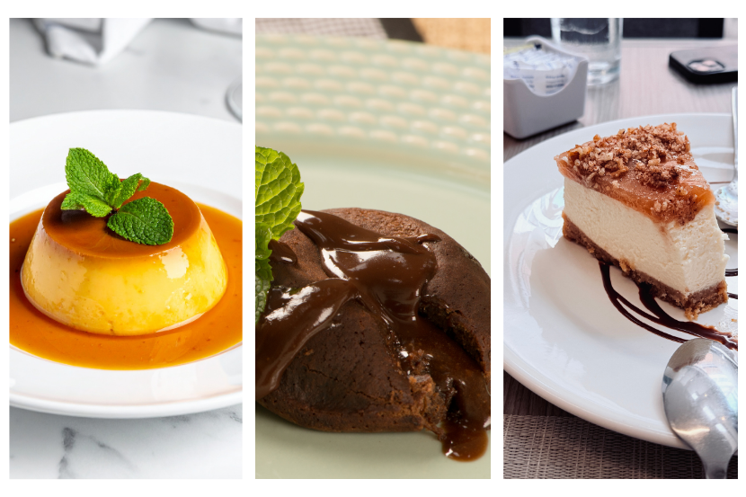  Três tipos de sobremesas sendo destaque: pudim de caramelo com folha de hortelã, bolo de chocolate com cobertura de ganache, e cheesecake com calda de chocolate. Imagem apetitosa de doces variados, perfeitos para sobremesa.