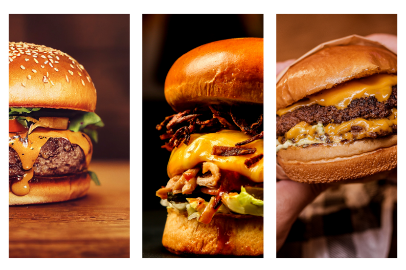 Três diferentes tipos de hambúrgueres artesanais, destacando suas fatias de carne suculentas e queijo derretido, perfeito para os amantes de comida rápida