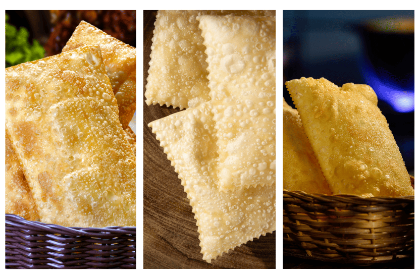 Três tipos de pastel de queijo, um tradicional, um com queijo derretido e outro frito, todos feitos com massa crocante e recheio de queijo.
