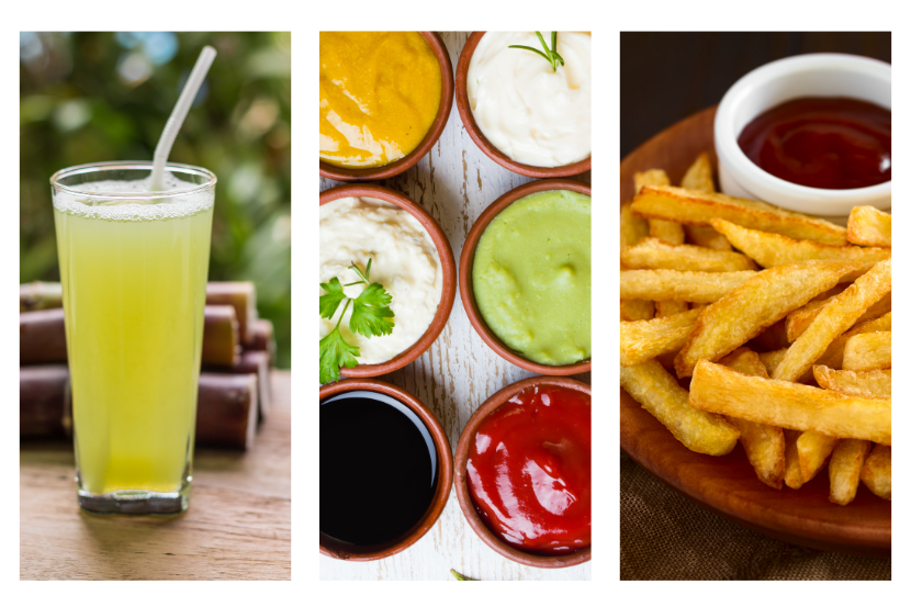  Imagem de bebidas refrescantes e acompanhamentos de fast food, incluindo suco verde, molhos e batatas fritas com ketchup, ideal para lanche.