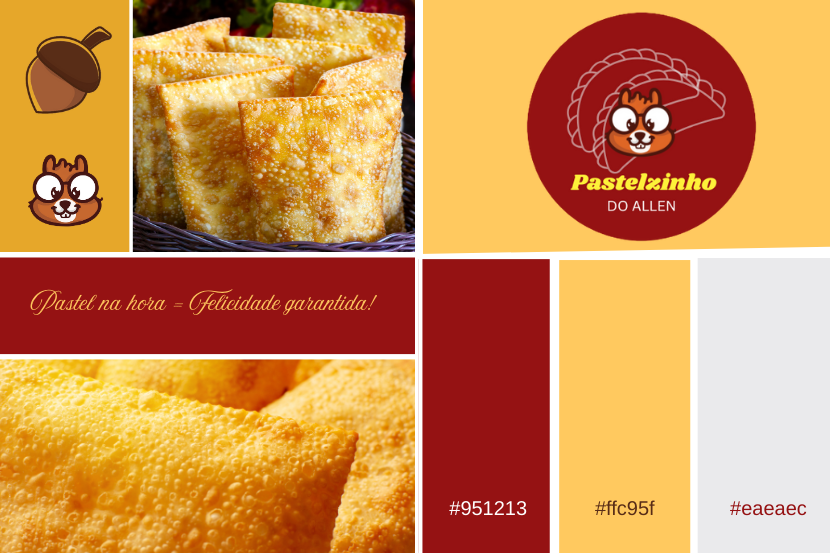 imagem de uma identidade visual de uma pastelaria fictícia, onde mostra a paleta de cores,, slogan e outros elementos de  marca. 