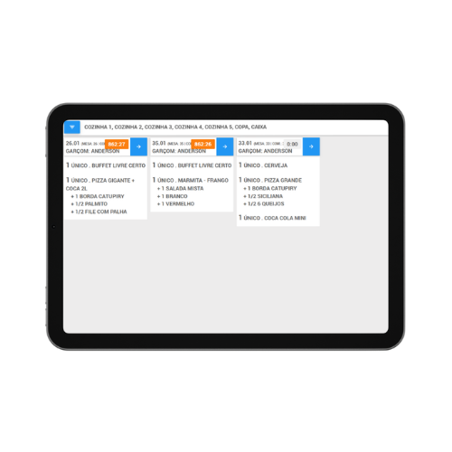 Tela de uma monitor KDS exibindo um aplicativo de controle de pedidos para cozinha, com listas de itens de alimentos, bebidas e pratos, organizado por cores para facilitar a visualização e gerenciamento das preparações.