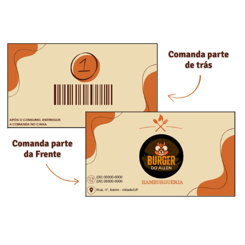 Imagem de duas comandas para entrega de comida, uma para o cliente na frente com o nome 'Burger do Allen' e outra para o comando parte de trás, indicando instruções de entrega, ideal para procedimentos de entrega de alimentos.