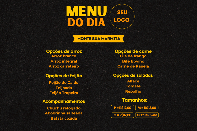 Imagem de menu do dia com opções de pratos, acompanhamentos e tamanhos em destaque, ideal para quem busca refeições variadas e saborosas.