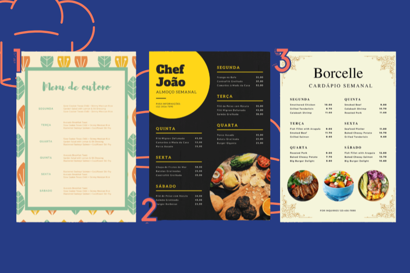 Três cardápios semanais de restaurante, incluindo menu de outono, almoço do Chef João, cardápio semanal de Borcelle, com diferentes pratos para cada dia da semana.