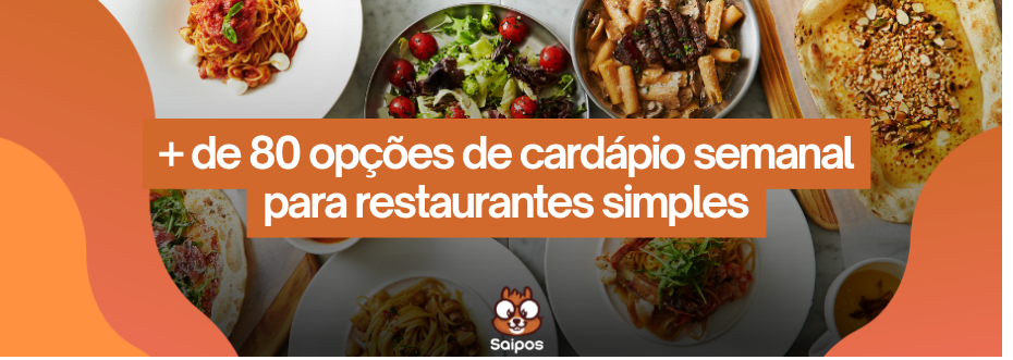 Imagem de opções de cardápio semanal para restaurantes simples, com pratos variados como saladas, massas e pratos tradicionais, promovendo mais de 80 opções de refeições.
