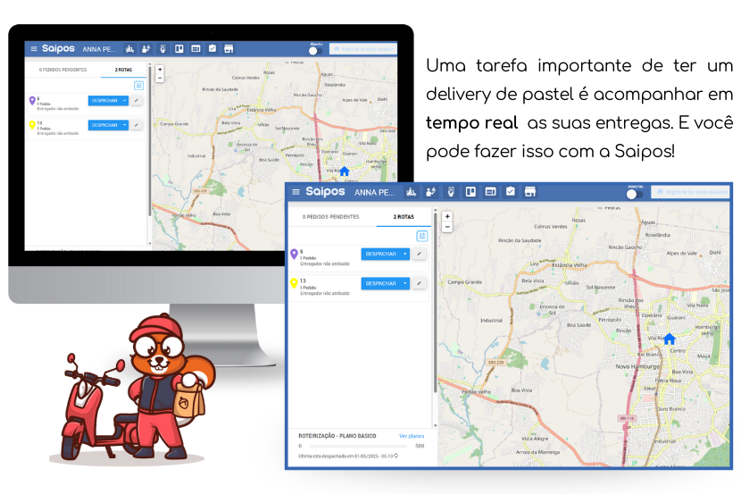  Tela de aplicativo de delivery Saipos mostrando a gestão de entregas em tempo real, com mapa e informações de pedidos. Ideal para acompanhar entregas de forma eficiente.