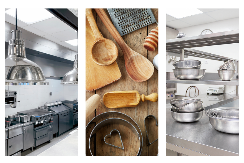 Imagem de uma cozinha profissional com utensílios de aço inoxidável e utensílios de cozinha de madeira, ideal para chefs e cozinheiros. Diversos equipamentos de cozinha industrial em ambiente limpo e organizado.