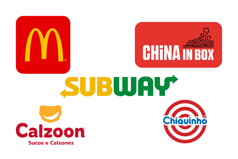 Imagem com vários logos de fast food e delivery, incluindo McDonald's, Subway, CalzOn, China in Box e Chiquinho, representando marcas populares de comida rápida e delivery no Brasil.