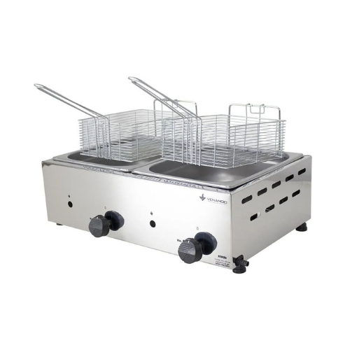 Fritadeira elétrica de alta capacidade, com cestas de metal removíveis, ideal para cozinhas comerciais e industriais, facilitando a preparação de alimentos.
