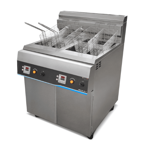 Fritadeira elétrica industrial Metalcubes com duas cestas de metal, controle de temperatura e fácil manuseio, ideal para preparar alimentos para restaurantes e estabelecimentos comerciais.