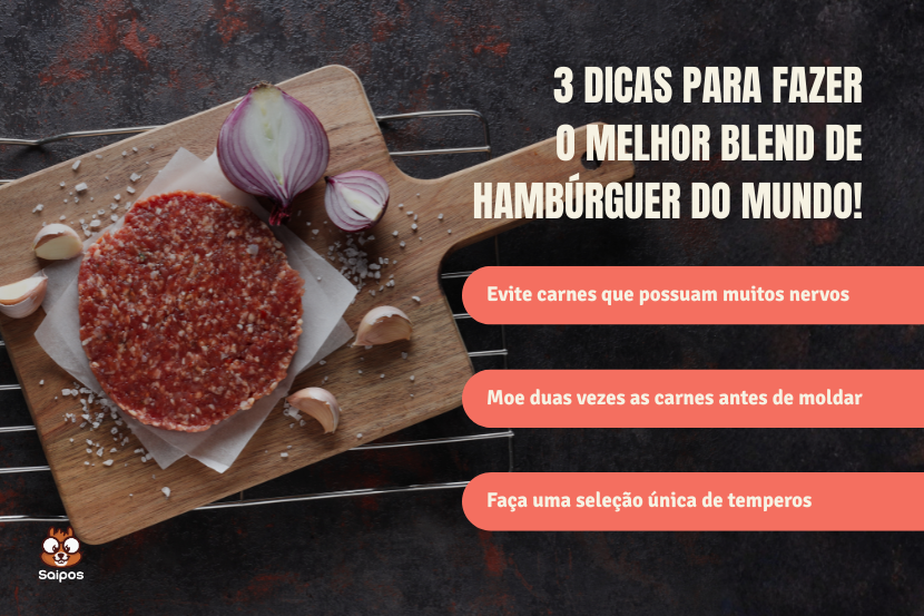 Imagem de ingredientes para fazer o melhor blend de hambúrguer, incluindo carne moída, cebola roxa e alho, com dicas para preparar hambúrguer perfeito.