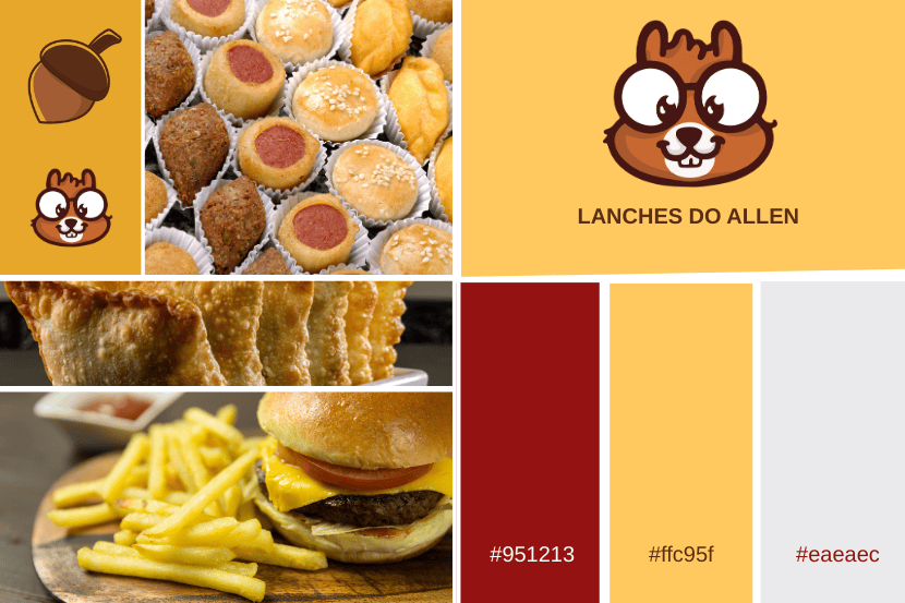 imagem ilustrativa da empresa Saipos, de uma identidade visual de uma lanchonete fictícia. Esta identidade visual é composta por 3 cores e possui elementos de marca, como logotipo, elementos e outros