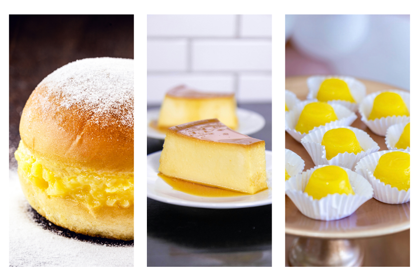 Três painéis verticais com close de sonho recheado com creme e açúcar, fatias de pudim de leite com calda e quindins amarelos em forminhas brancas sobre suporte dourado.