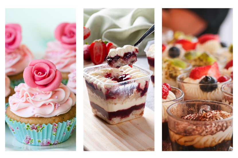 Três painéis verticais com cupcakes de rosas cor-de-rosa, pote com camadas de creme e geleia de frutas vermelhas (bolo de pote), e diversos copos de sobremesa com frutas (copo da felicidade)