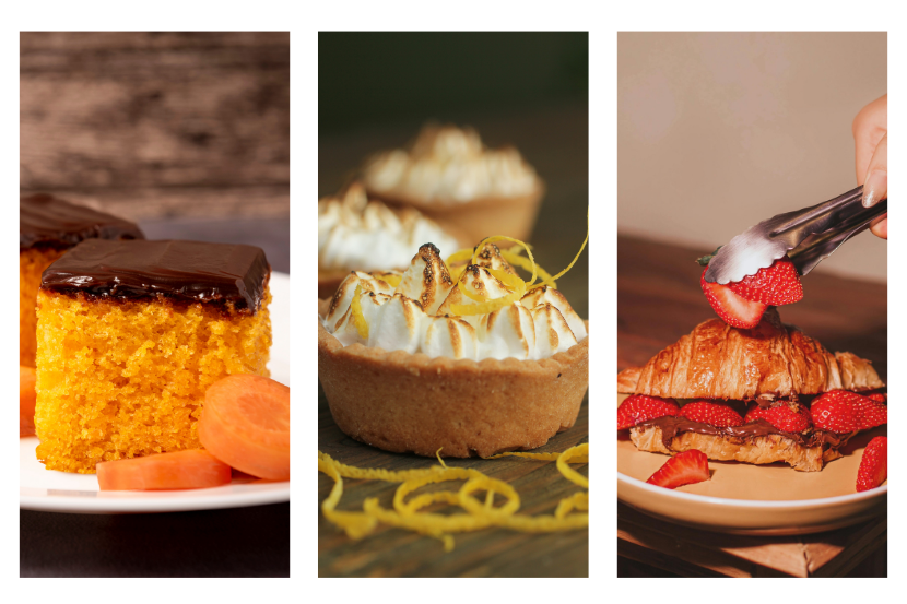 Três painéis verticais com close de fatias de bolo de cenoura com chocolate, tortas de limão com merengue maçaricado e um croissant com morangos sendo montado com pinça metálica.