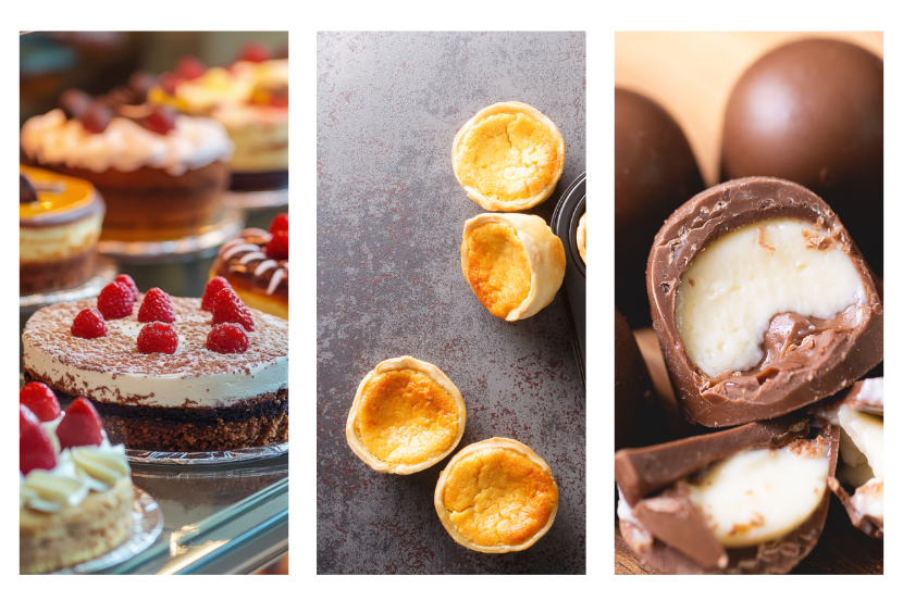 Três painéis verticais: vitrine com tortas de frutas vermelhas; vista aérea de quatro minitortas queijadinhas sobre pedra escura; e close de bombons de chocolate ao leite com recheio branco.