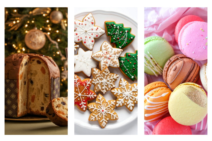 Três painéis verticais com panetone de frutas diante de árvore de Natal, biscoitos temáticos de Natal e macarons coloridos sobre papel de seda rosa.