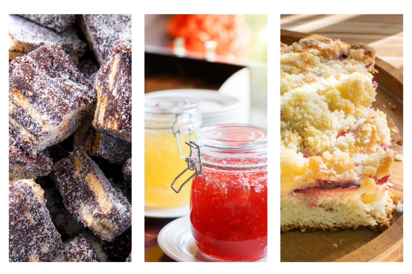 close de cubos de palha italiana cobertos de açúcar; potes de vidro com geleias amarela e vermelha; e fatia de cuca de frutas com cobertura de farofa crocante.