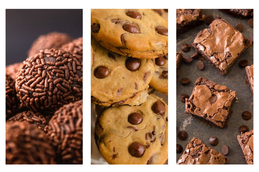 Três painéis verticais exibindo close de brigadeiros com granulado; pilha de cookies com gotas de chocolate; e quadrados de brownie sobre fundo escuro.