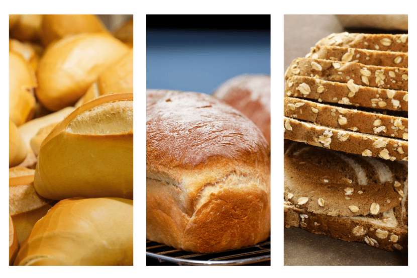Três painéis verticais exibindo pães franceses empilhados, um pão de forma dourado sobre grelha e fatias de pão integral com aveia.