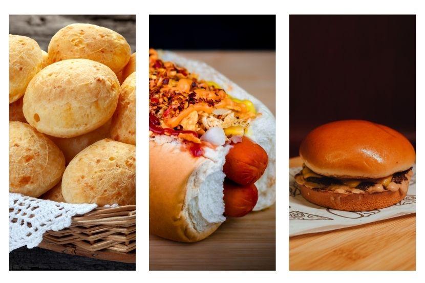 Três painéis verticais exibindo uma cesta com vários pães de queijo redondos e dourados; um cachorro-quente completo e bem recheado; e um hambúrguer com pão brilhante e queijo derretido.