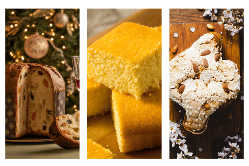 Três painéis verticais exibindo um panetone de Natal com frutas secas e árvore iluminada ao fundo; quadrados de bolo de fubá empilhados; e uma Colomba Pascoal decorada com amêndoas e açúcar granulado sobre uma tábua de madeira.