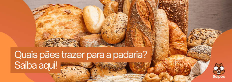 Banner laranja com texto "Quais pães trazer para a padaria? Saiba aqui!". Diversos tipos de pães artesanais e croissants ao fundo. Logotipo Saipos no canto inferior direito.
