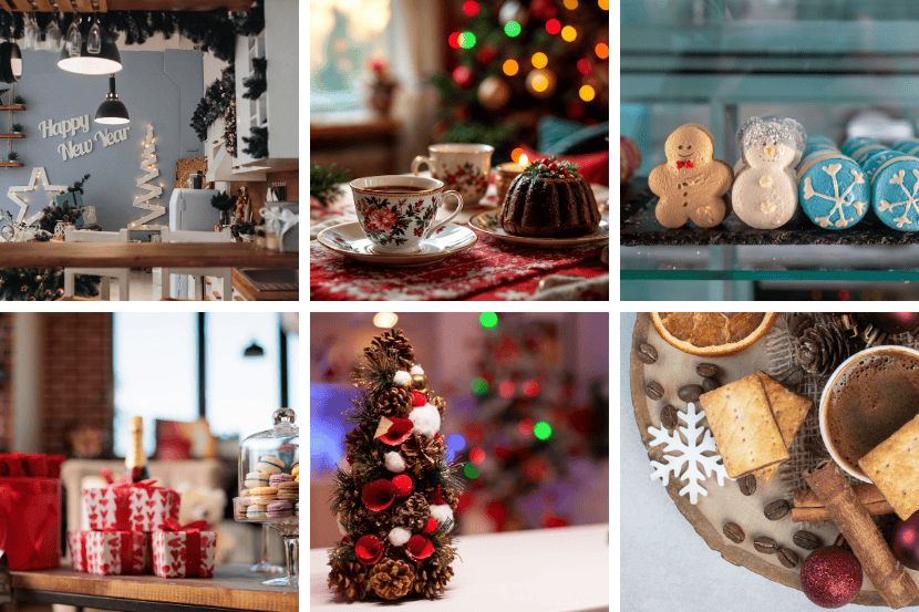Grade de 6 fotos unindo os temas anteriores: cafés, doces decorados, árvores natalinas e cenários de Ano Novo. Composição visual focada em confeitaria e celebrações de fim de ano.