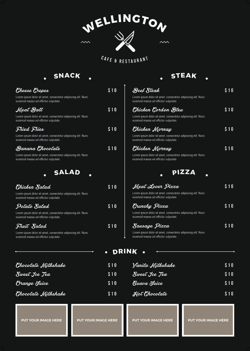 Cardápio do café Wellington com opções de snacks, saladas, pratos principais, pizzas e drinks, perfeito para quem busca refeições rápidas e saborosas.