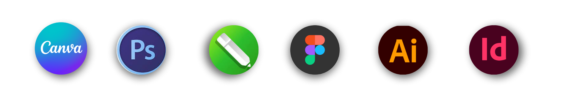 Imagem destacada dos ícones de softwares de design gráfico como Canva, Photoshop, Figma, Adobe Illustrator, Adobe InDesign e Adobe XD, essenciais para criação e edição de conteúdos visuais.
