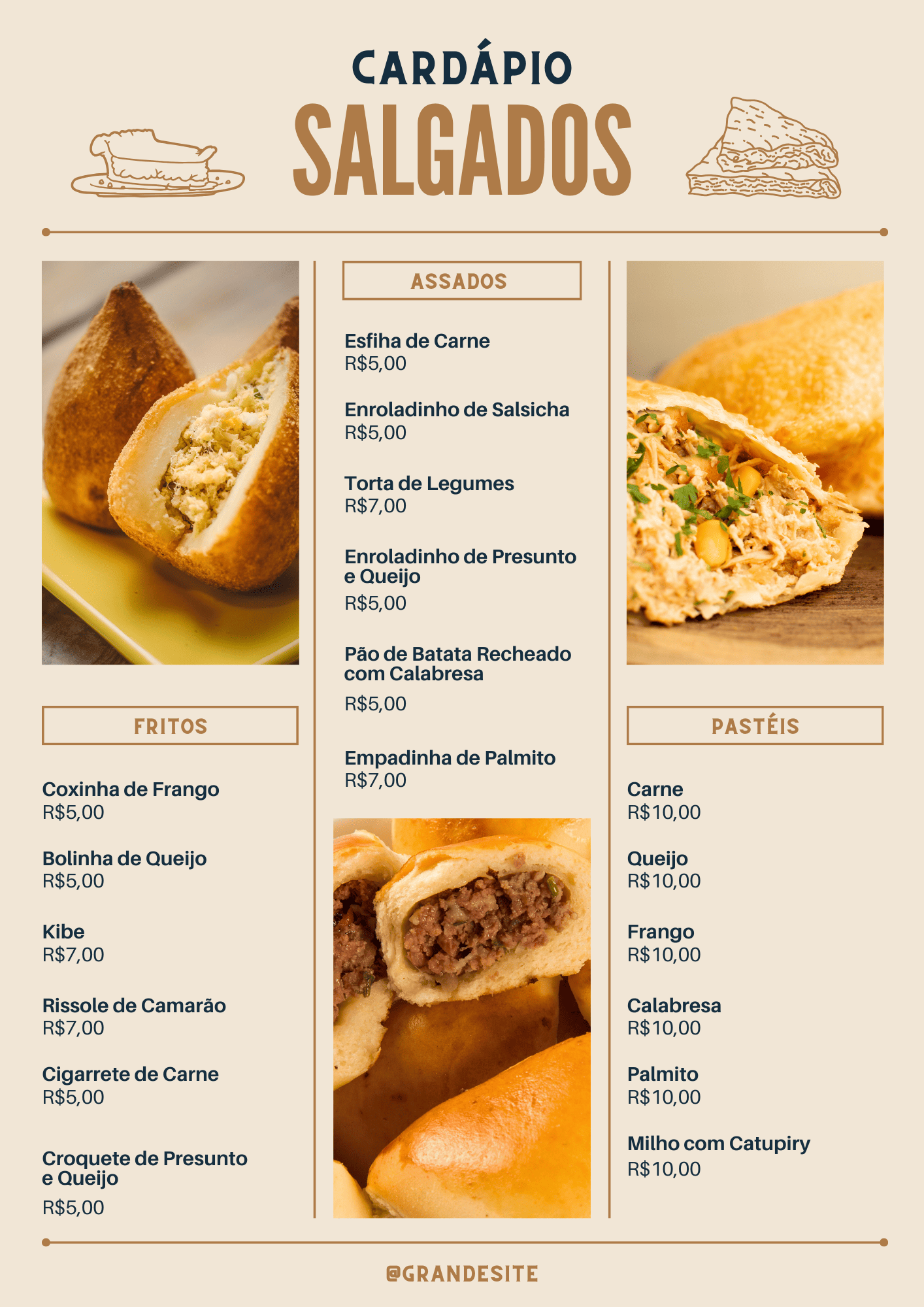 Cardápio de salgados com destaque para coxinha, quibe, rissole e empadinha, incluindo opções de pastéis como carne, queijo e frango, além de assados variados.